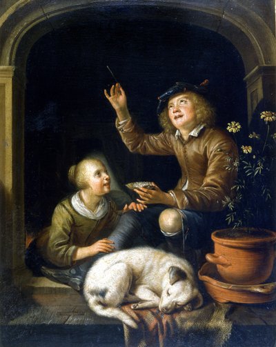 La burbuja de jabón. Pintura de Pieter Corneliszoon van Slingelandt (1625 - 1691). Museo del Castello de Milán. de Pieter van Slingelandt