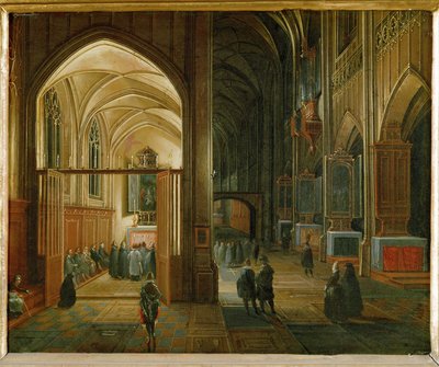 Misa vespertina en una iglesia gótica (pintura sobre cobre) de Pieter van Steenwyck