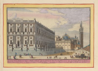 Vista de la bolsa de Sevilla la Feria del Comerciante; junto a la Iglesia de Nuestra Señora, van agteren (título sobre el objeto) Theatrum Hispaniae (...) (título de serie) de Pieter van den Berge