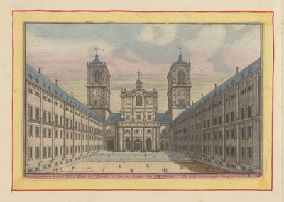 Vista del patio y entrada a la Iglesia de San Lorenzo en El Escorial El primer y principal patio del Escorial (título sobre objeto) Theatrum Hispaniae (...) (título de serie) de Pieter van den Berge