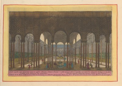 Vista del patio de los leones en la Alhambra de Granada La Corte del León, en Granada; obra de los reyes moros, en el Castillo de la Alhambre; colocando allí dos abrevaderos de mármol sobre leones thien (título sobre el objeto) Theatrum Hispaniae (...) (tí de Pieter van den Berge
