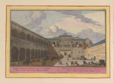 Vista de un patio del Real Alcázar de Sevilla El Palacio Real de Sicilia; un edificio de los reyes moros (título sobre objeto) Theatrum Hispaniae (...) (título de serie) de Pieter van den Berge