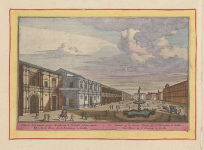 Vista de una plaza con fuente en Sevilla La Fuente en el Gran Lugar de S. Francis, en Sivilie (título sobre el objeto) Theatrum Hispaniae (...) (título de serie) de Pieter van den Berge