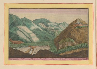 Vista del palacio y jardines de los reyes moros en Granada El antiguo castillo y palacio de los reyes moros, en Granada; junto al Lusthoven (título sobre el objeto) Theatrum Hispaniae (...) (título de serie) de Pieter van den Berge