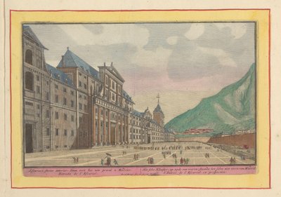 Vista de la explanada y fachada del Escorial El claustro propio, en el lateral de la fachada; de pie no lejos de Madrid (título sobre objeto) Theatrum Hispaniae (...) (título de serie) de Pieter van den Berge