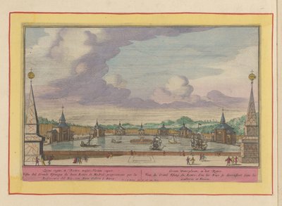 Gran estanque con naves en los jardines del Palacio del Buen Retiro de Madrid Groote Waterplaats, en el Retiro (título sobre objeto) Theatrum Hispaniae (...) (título de serie) de Pieter van den Berge
