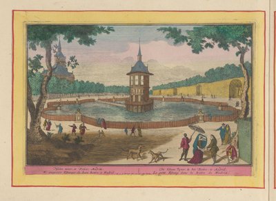 Pequeño estanque en los jardines del Palacio del Buen Retiro de Madrid El kleene Vyver, en Retiro; en Madrid (título sobre objeto) Theatrum Hispaniae (...) (título de serie) de Pieter van den Berge