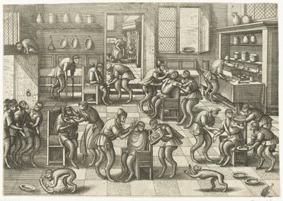 Tienda de barberos y cirujanos Juego de monos (título de la serie) de Pieter van der Borcht (I)