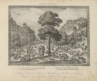 Dios le mostró a Adán het paradijs Prohibición liberal (título sobre objeto) Los emblemas sagrados y las principales historias de ambos testamentos (Oude Testament) (título de la serie) Imágenes y figuras de libros (título de la serie) de Pieter van der Borcht (I)