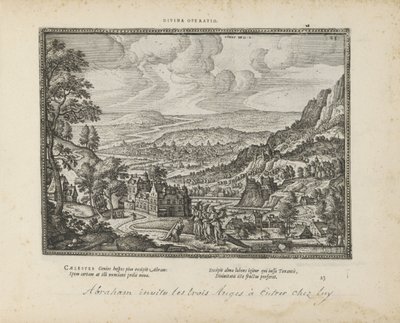 Landschap conoció a Abraham en de drie engelen Operación divina (título sobre objeto) Los emblemas sagrados y las principales historias de ambos testamentos (Oude Testament) (título de la serie) Imágenes y figuras de libros (título de la serie) de Pieter van der Borcht (I)