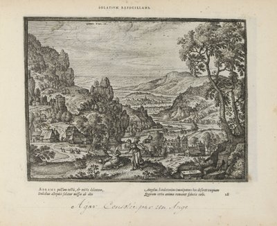 Landschap conoció a Hagar en de engel Consolando el fuego (título sobre el objeto) Los emblemas sagrados y las principales historias de ambos testamentos (Oude Testament) (título de la serie) Imágenes y figuras de libros (título de la serie) de Pieter van der Borcht (I)