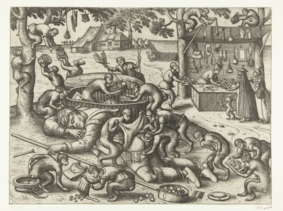 Vendedor ambulante dormido robado por monos Juego de monos (título de la serie) de Pieter van der Borcht (I)