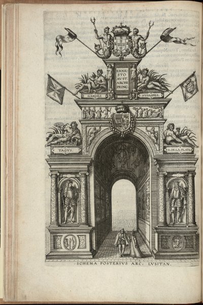Ríos Tajo, Plata, Ganges e Hydaspes. La cara posterior del arco triunfal portugués, Entrada de Ernst, archiduque de Austria, en Amberes, publicado en 1595 (grabado) de Pieter van der Borcht