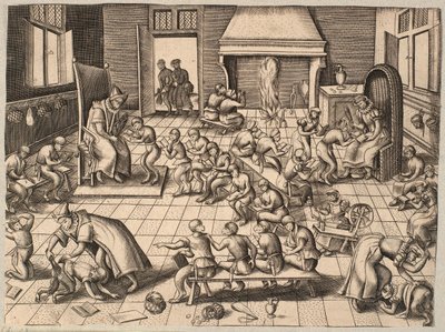 El aula. Monos siendo enseñados y castigados en un aula de Pieter van der Borcht