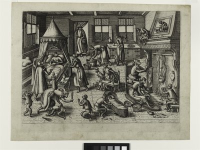 La guardería, c.1585 (aguafuerte) de Pieter van der Borcht