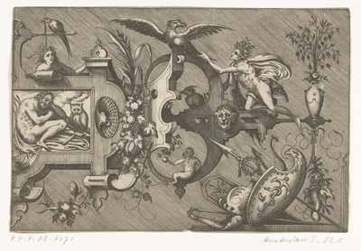 Mitad derecha de un cartucho grande que representa la Noche Compertimenta pictoriis flosculis manubiisque… (título de la serie) de Pieter van der Heyden