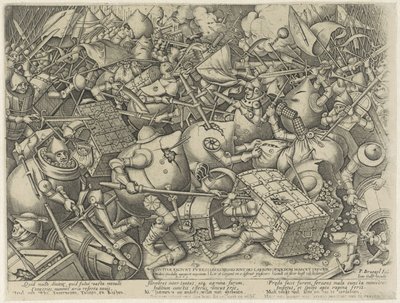 Batalla entre las bolsas de dinero y los cofres de dinero Divitiae faciunt fures / Les Richesses font des larrons / Ryckdom maeckt thieves (título sobre el objeto) de Pieter van der Heyden