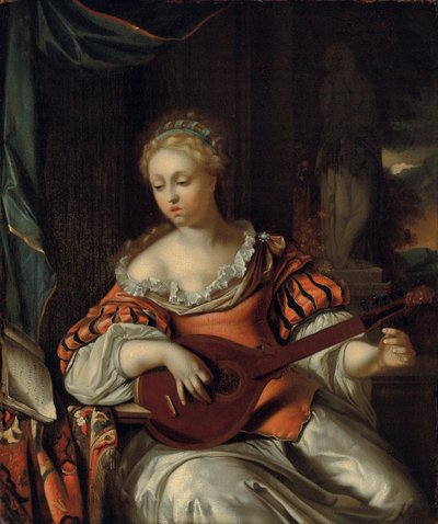 Una dama tocando el laúd en un pórtico de Pieter van der Werff