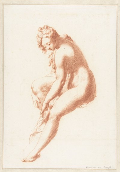 Mujer sentada desnuda, secándose un pie de Pieter van der Werff