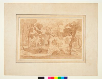 Paisaje con un edificio en ruinas visto entre árboles de Pietro Testa
