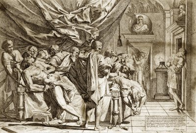 La muerte de Catón el Viejo (Marcus Porcius Cato) o Catón el Censor (234-149 a.C.) por Pietro Testa 1648 - La muerte de Catón - 1648, por Pietro Testa (1612-1650 a.C.), grabado de Pietro Testa