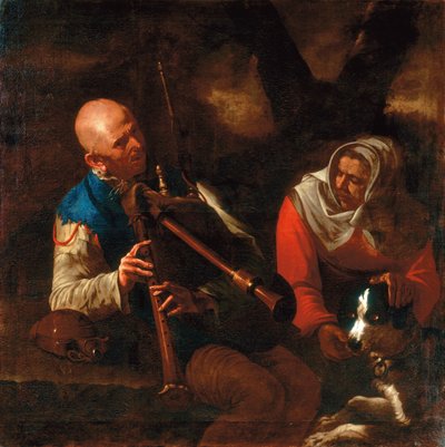 Un campesino tocando una gaita y una anciana escuchando con un perro (óleo sobre lienzo) de Pietro (circle of) Paolini