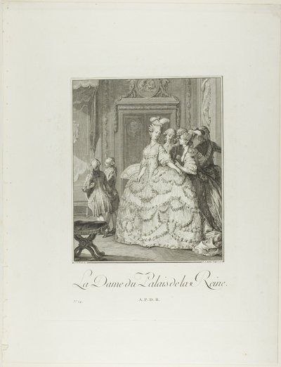 La dama de compañía de la reina, de Monument du Costume Physique et Moral de la fin du Dix-huitième siècle de Pietro Antonio Martini