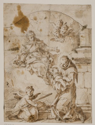 San Antonio de Padua arrodillado con el Niño Jesús en sus brazos mientras la Virgen y los ángeles aparecen en el cielo de Pietro Antonio Novelli