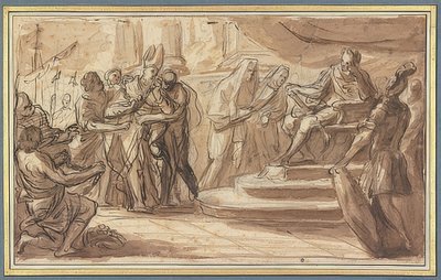 Un obispo es llevado encadenado ante un emperador romano de Pietro Bianchi
