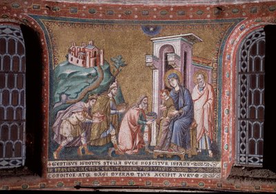 Adoración de los Magos, mosaico del ábside de Pietro Cavallini, finales del siglo XIII, Roma, Iglesia Santa Maria in Trastevere de Pietro Cavallini