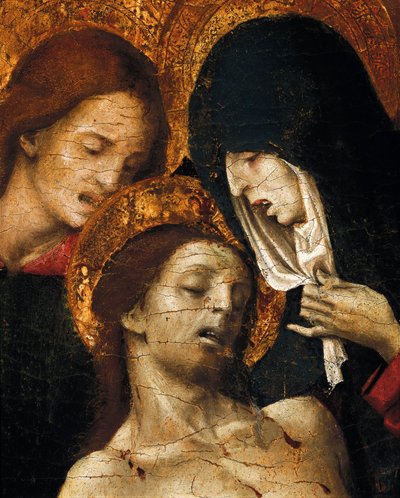 Descendimiento de la Cruz (Deposizione), detalle de San Juan, la Virgen María y Cristo, principios del siglo XVI (temple sobre tabla) de Pietro Cavaro