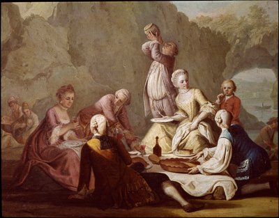 Escena de banquete en Posillipo (Pausilippe) Nápoles. Detalle de aristócratas haciendo picnic. Pintura de Pietro Fabris. Siglo XVIII. Museo Nazionale di San Martino Nápoles de Pietro Fabris