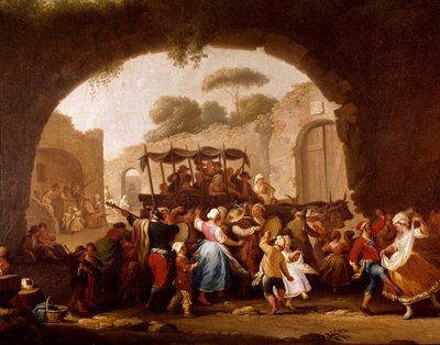 Escena de baile y fiesta popular en Nápoles (detalle). Bailarines de tarantela. Pintura de Pietro Fabris (activo entre 1763 y 1776) Siglo XVIII. Nápoles, Museo Nacional de San Martino de Pietro Fabris