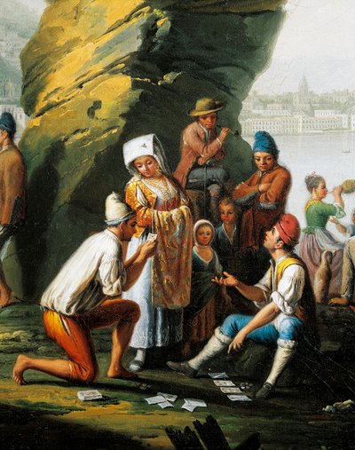 Escena de la vida cotidiana en la cueva de Posillipo, hombres jugando a las cartas (detalle) de Pietro Fabris