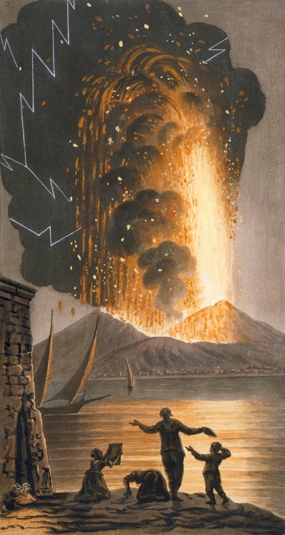Vista de la gran erupción del Monte Vesubio la noche del domingo 8 de agosto de 1779 desde el Palacio de Su Majestad Siciliana en Pausilipo, Placa II, publicada en 1779 de Pietro Fabris