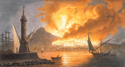 Vista de la gran erupción del Vesubio desde el muelle de Nápoles en la noche del 20 de octubre de 1767, 1776 de Pietro Fabris