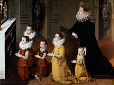 Retrato de Chiara Albini Petrozzani con sus hijos en oración de Pietro Facchetti