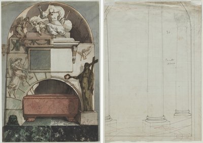 Diseño de un fresco de la tumba de un artista en la Certosa de Bolonia (anverso); Dibujo Arquitectónico de Columnas (verso) de Pietro Fancelli