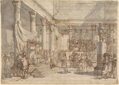 Timoteo tocando la lira ante Alejandro y Thaïs en el salón del palacio de Persépolis de Pietro Fancelli