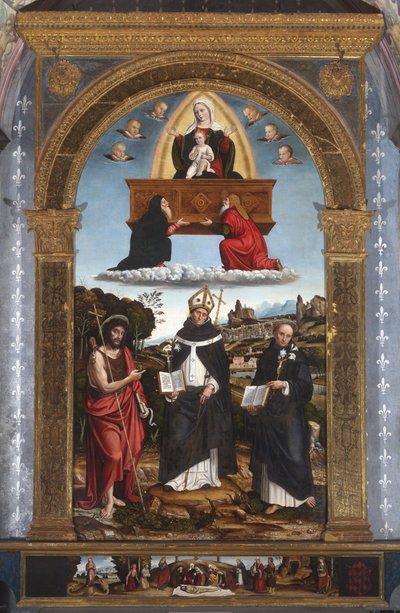 Madonna Odigitria con los Santos: Juan Bautista, Antonino de Florencia y Nicola de Tolentino de Pietro Francesco (1485-1528) Sacchi