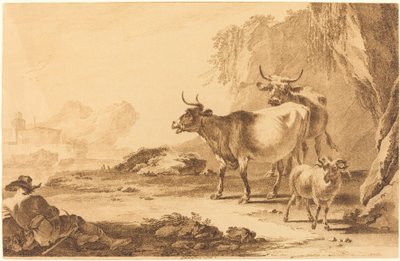 Paisaje con ganado, una cabra y un pastor descansando de Pietro Giacomo Palmieri