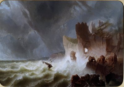 Lido solitario Paisaje marino, con barco atrapado en la tormenta, y estrellado en los acantilados. Pintura de Pietro Giuria (siglo XIX) Dim. 140x200 cm Genes Nervi, Galería de Arte Moderno, inv. 0336 de Pietro Giuria