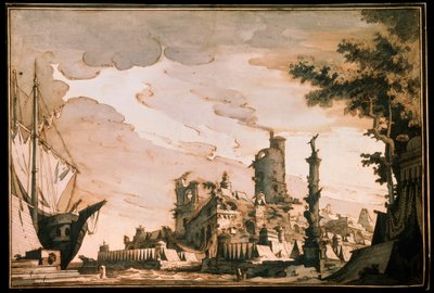 Puerto marítimo, diseño de escenario para una obra de teatro, 1818 de Pietro Gonzaga