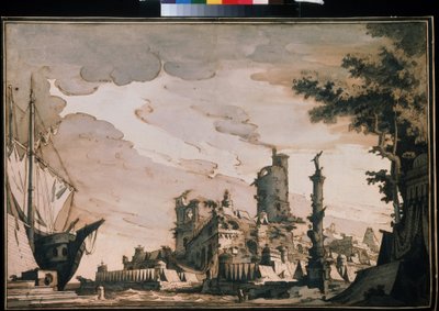 Decoración Teatro ""Vista De Un Puerto"". Acuarela de Pietro di Gottardo Gonzaga (1751-1831) 1818. Acuarela y tinta sobre papel. Moscú, Museo Pushkin de Pietro Gonzaga