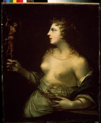 ""Urania"" (Urania) representación de la musa protectora de la astronomía y la astrología, sosteniendo una mano sobre una esfera. Pintura de Pietro Liberi (1614-1687) Museo de Arte Mikhail Kroshitsky del siglo XVII, Sebastopol (Sebastopol) Ucrania de Pietro Liberi