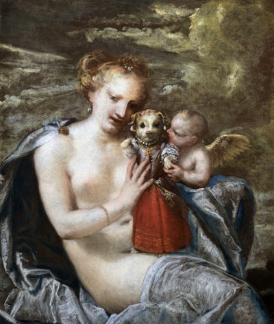 Venus, Cupido y un perrito vestido como un niño de Pietro Liberi