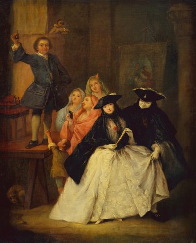 Un charlatán en una plataforma con figuras enmascaradas en primer plano de Pietro Longhi