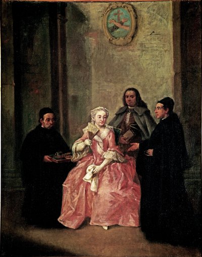 Un fraile ofrece a una pareja chocolate caliente con galletas venecianas. Pintura de Pietro Longhi (1702-1785) 1774 Dim 61x50 cm Venecia, Ca 