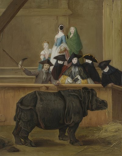 La exhibición de un rinoceronte en Venecia de Pietro Longhi