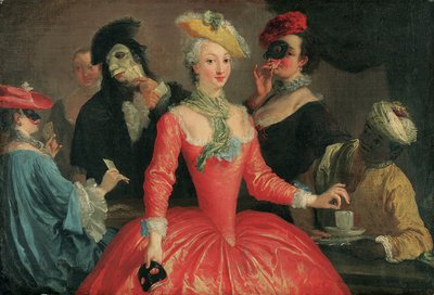 Compañía elegante en traje de máscara tomando café y jugando a las cartas de Pietro Longhi